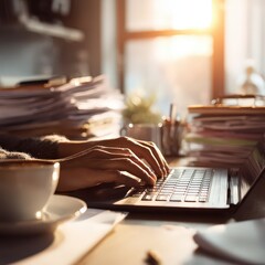 Obraz premium Hands Typing On Laptop In Sunny Office