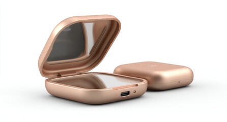 Rose gold square charging case open, showing mirror