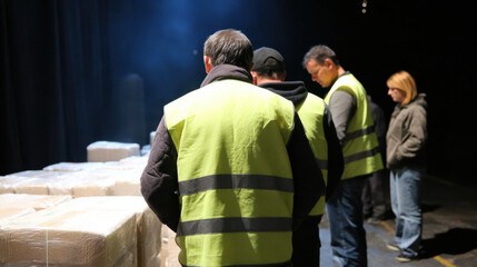 High visibility vest worker cargo seizure during inspection on dimly lit warehouse stage
