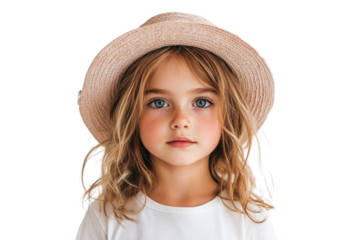 Serene Young Girl in a Sun Hat: A captivating portrait of a young girl, her face framed by a delicate sun hat, embodies a sense of innocence and natural charm.