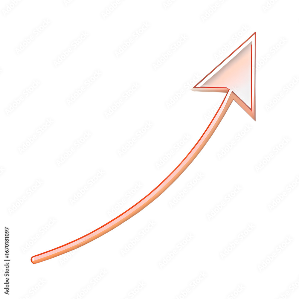 Poster Golden metallic arrow pointing upwards with a curved trajectory indicating growth and progress isolated on transparent background