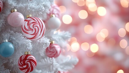 White Christmas tree with red and white swirl ornaments and pink bokeh white tree Christmas ornaments