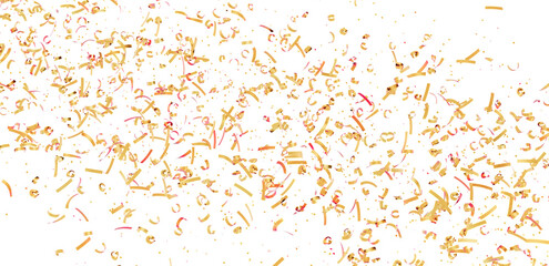 Photo of golden and pink confetti falling on a white background. Perfect for celebrations and festive designs.