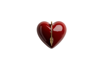 The Broken Heart: A glossy, crimson heart pierced by a golden arrow symbolizes vulnerability and the emotional complexities of love. A striking visual representation of heartbreak, resilience.