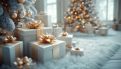 White gift boxes with gold ribbons on fluffy rug near decorated Christmas tree gifts