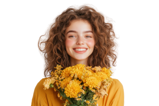 Radiant Smile: A young woman beams, her curly hair framing a face alight with pure happiness as she cradles a vibrant bouquet of yellow flowers.