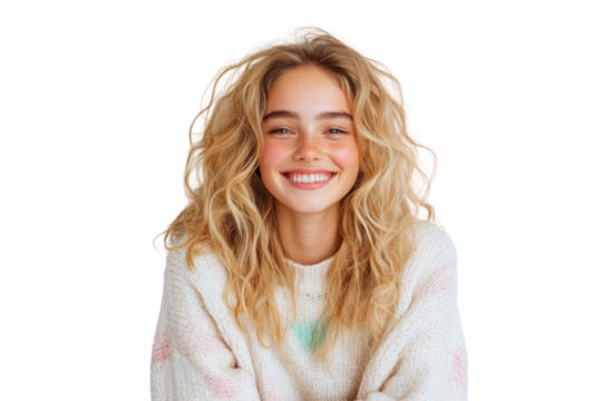 Radiant Smile: A portrait of a young woman, radiating pure joy and happiness, her genuine smile and cheerful demeanor.