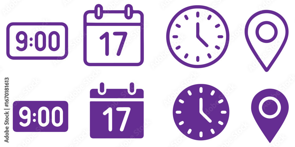 Poster address time date icons set. address location icon. clock icon. calendar icon. time, date and addres