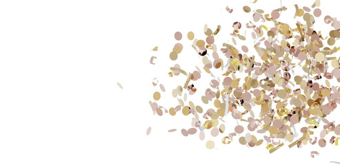 Beautiful rose gold confetti falling on a white background. Perfect for celebrations, party invitations, and festive designs.