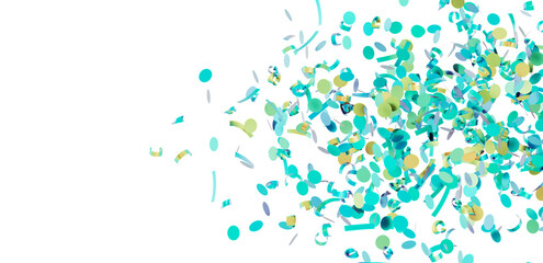 Festive image of teal and gold confetti falling on white. Perfect for party invitations, banners, and celebrations.
