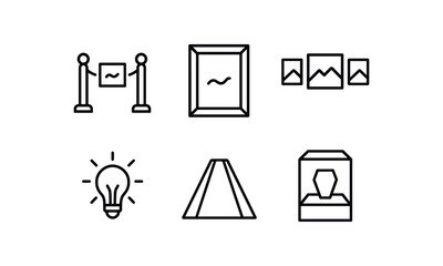 simple outline stroke icon isolated on white background: exhibition art frame gallery lamp glow floor path display case