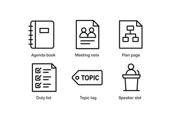 simple outline stroke icon isolated on white background: agenda book meeting note plan page duty list topic tag speaker slot