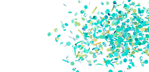 Festive confetti background with teal and gold circles and ribbons. Perfect for party invitations, celebrations, and more.