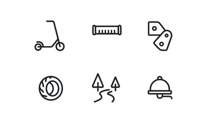 simple outline stroke icon isolated on white background: kick scooter grip bar folding hinge rubber tire park path scooter bell
