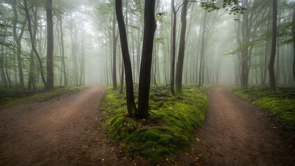 Obraz premium Mystical Foggy Forest with Forked Path and Mossy Ground