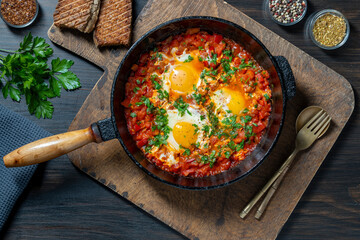Shakshuka in frying pan for breakfast, closeup. Homemade shakshuka from poached eggs, onion, bell pepper, olive oil, red tomato and parsley in a cast iron skillet, top view. Mediterranean cuisine