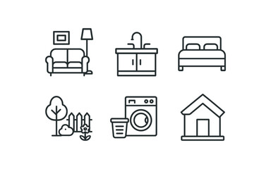 simple outline stroke icon isolated on white background: living room kitchen sink bedroom bed garden yard laundry room house
