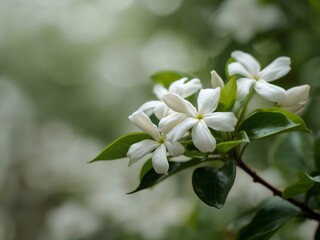 Obraz premium Delicate Bloom Study. White Petals and Green Leaves, a Floral Composition