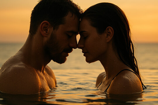 Golden Hour Embrace: Intimate Couple in Water at Sunset Serenity