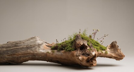 Driftwood and Greenery Composition, Natural Textures and Delicate Sprouts.
