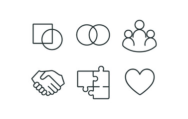 simple outline stroke icon isolated on white background: union linked rings group circle handshake mark puzzle join heart icon