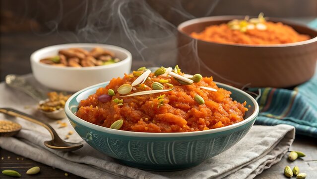 Delicious gajar ka halwa, Indian sweet carrot pudding dessert enjoyed at weddings, festivals, Eid and Diwali celebrations"
