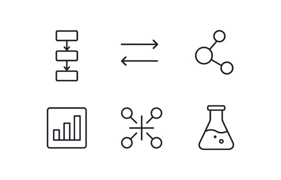 simple outline stroke icon isolated on white background: synthesis flow arrows atom bonds chart box structure mark lab flask