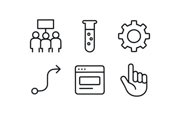 simple outline stroke icon isolated on white background: demonstration test tube gear icon arrow path screen page hand sign