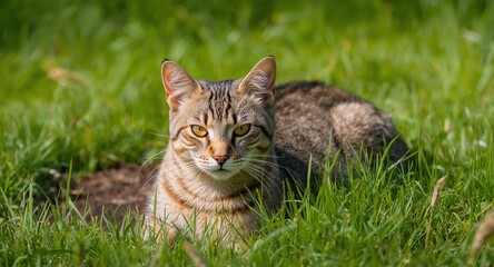 Feline Portrait Amidst Lush Greenery A Study in Light and Shadow, Outdoor Scene.