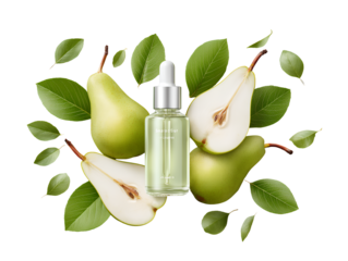 Pear cosmetic serum with whole and halved fruit bottle isolated on a transparent background