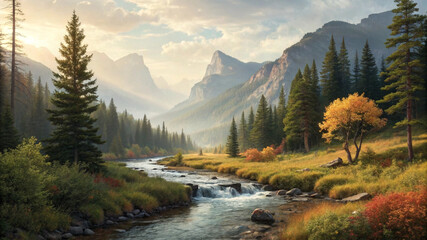 Majestic mountain valley with a flowing river and pine forest at sunrise
