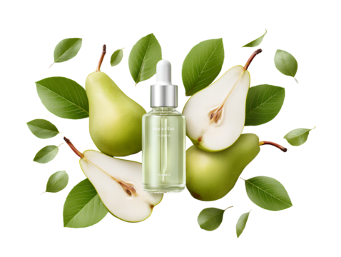 Pear cosmetic serum with whole and halved fruit bottle isolated on a transparent background - Powered by Adobe