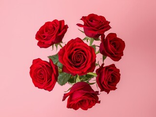 Fototapeta premium Floral Arrangement, Red Roses on Pink Backdrop, Circular Bloom Pattern.