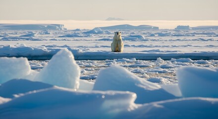 Majestic polar bear sitting peacefully on Arctic ice under a soft, golden sunlight