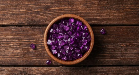Gems in a Wooden Bowl Dark Wooden Surface as a Backdrop for a Colorful Arrangement.