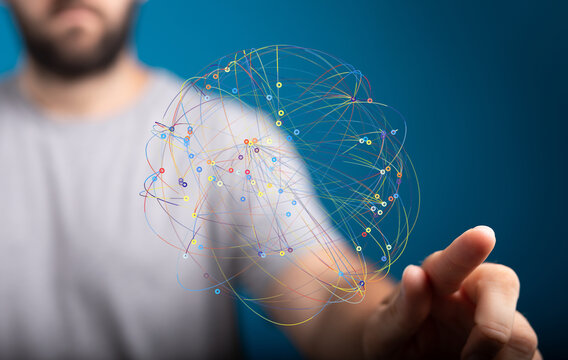 Man interacts with a digital network sphere, showcasing global connectivity and data flow.