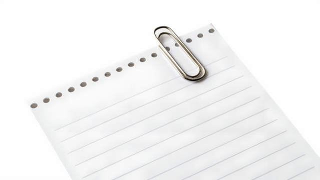 A single silver metal paperclip holding together a corner of a white lined notepad sheet isolated on transparent background
