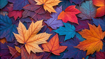 Vibrant and colorful maple leaves in a closeup view during autumn season