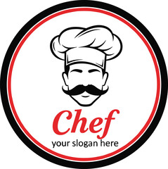 Chef logo design, culinary branding icon, mustache chef illustration, restaurant symbol, cooking, food service, kitchen, red black circle
