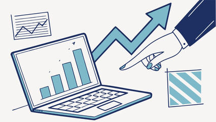 Obraz premium Laptop screen displaying upward trending bar graph with hand pointing at arrow indicating growth business success illustration.