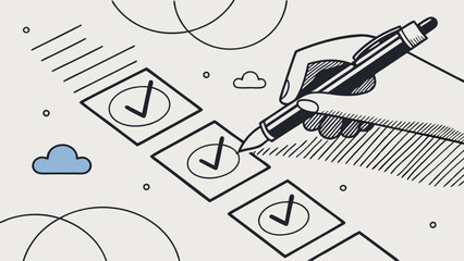 Checklist task management to-do list hand drawing pen checkmarks complete accomplished goal achievement planning organization project management business concept workflow productivity success efficie.