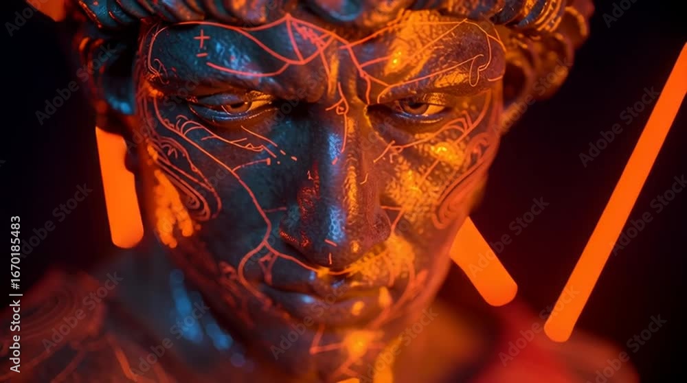 Poster ai video close up of david statue with red lines and light in a dark environment