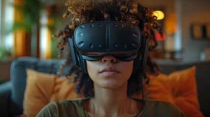 Immersive virtual reality experience captivating a young woman in a modern home setting.