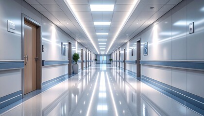 Modern hospital corridor with bright lighting, gleaming floors, and evenly spaced doors.