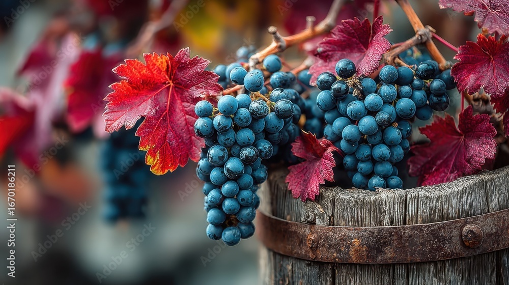 Poster a bunch of grapes are hanging from a vine and are surrounded by red leaves. the grapes are clustered