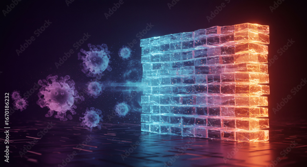 Poster conceptual visualization of a futuristic glowing barrier actively deflecting and protecting against 