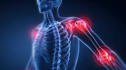 Digital medical illustration of human skeleton highlighting joint pain, arthritis inflammation, and musculoskeletal health issues