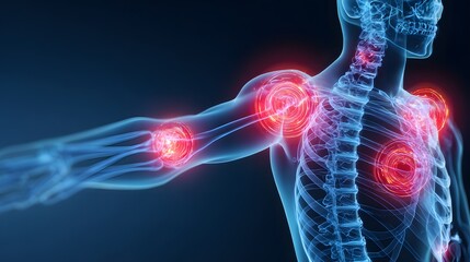 Digital medical illustration of human skeleton highlighting joint pain, arthritis inflammation, and musculoskeletal health issues