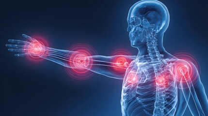 Digital medical illustration of human skeleton highlighting joint pain, arthritis inflammation, and musculoskeletal health issues