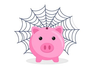 Obraz premium Pink piggy bank under a spiderweb
